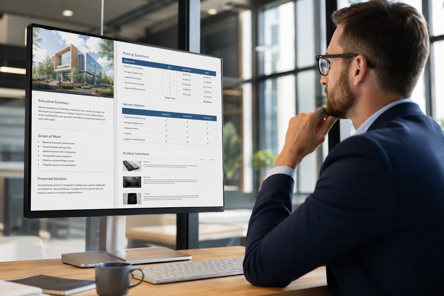 PandaDoc-style proposal on a monitor showing pricing tables, service options, and product selections