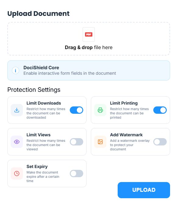 DociShield document protection settings showing upload, protection rules and access controls