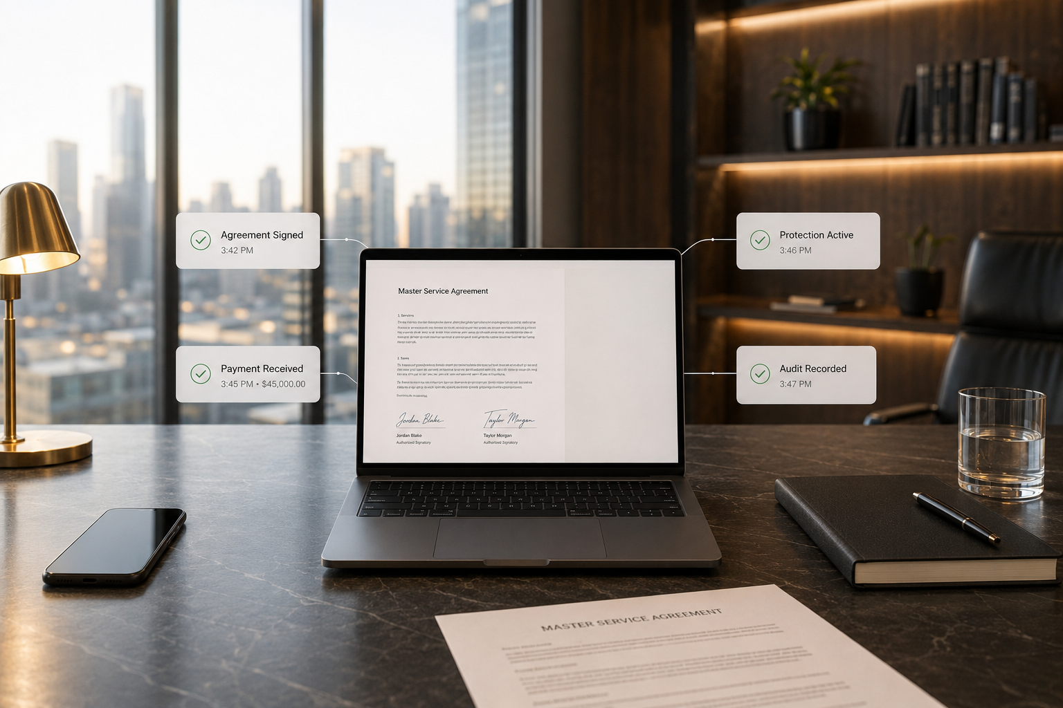 High-end office setting showing a signed Master Service Agreement on a laptop with floating status cards confirming Agreement Signed, Payment Received, Protection Active and Audit Recorded