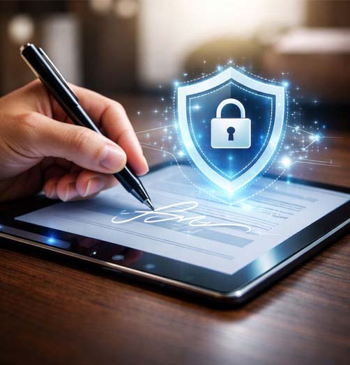 Digital document signing with security shield representing technical enforcement of protection rules