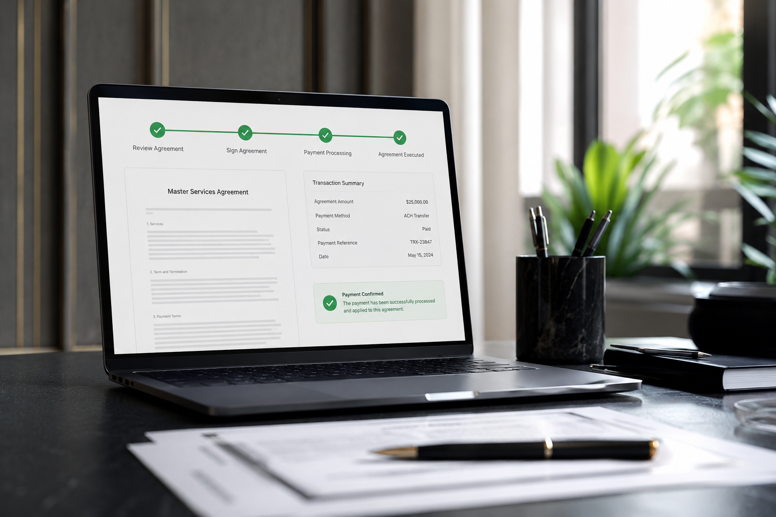 Master services agreement on a laptop showing review, sign, payment processing and agreement executed steps with a paid transaction summary