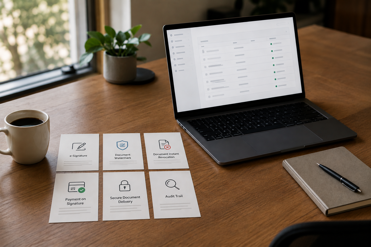 DociShield capabilities including e-Signature, Watermark, Instant Revocation, Payment on Signature, Secure Document Delivery and Audit Trail