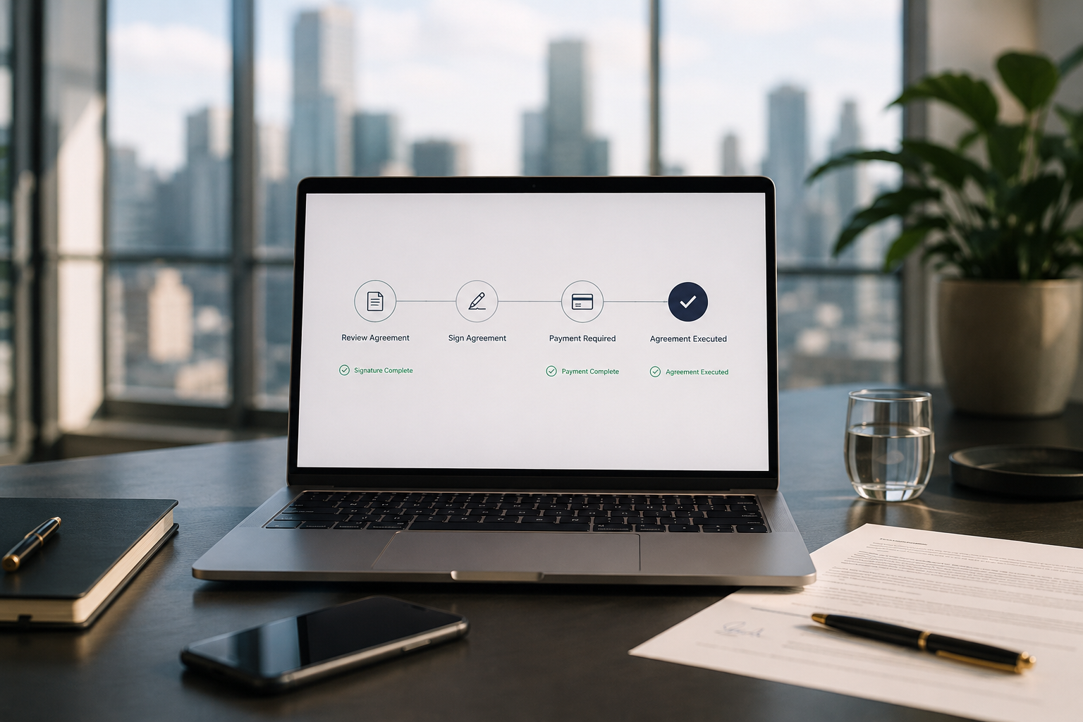 Laptop showing a connected agreement flow: Review Agreement, Sign Agreement, Payment Required, Agreement Executed
