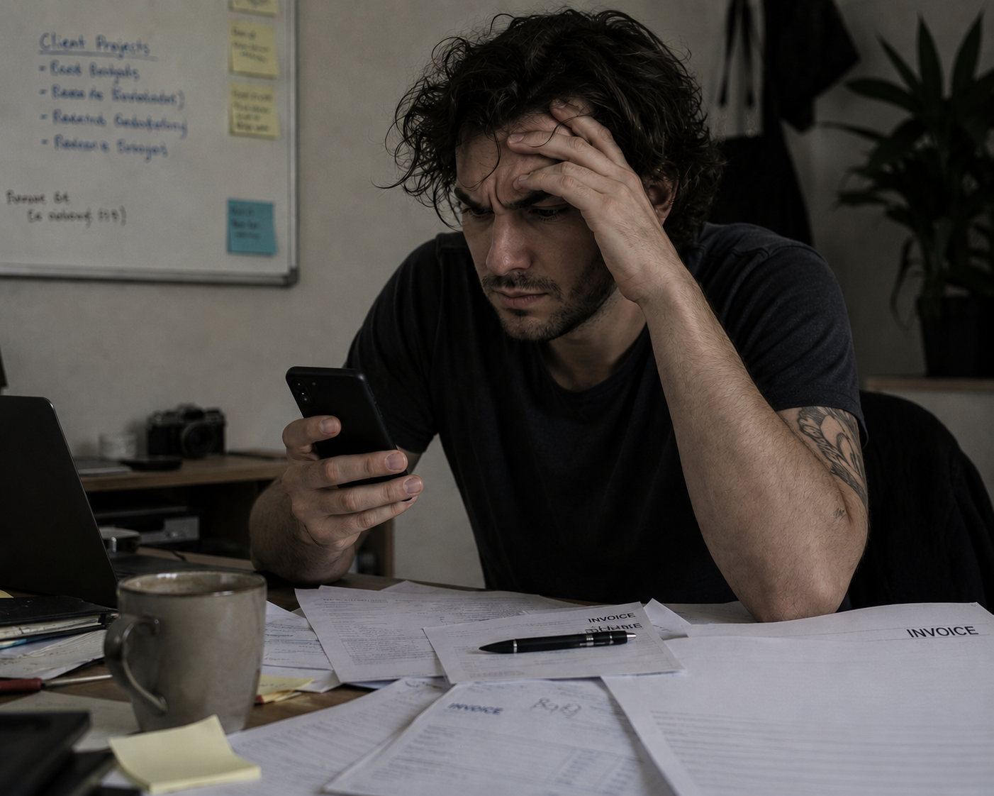 Frustrated freelancer surrounded by unpaid invoices and paperwork