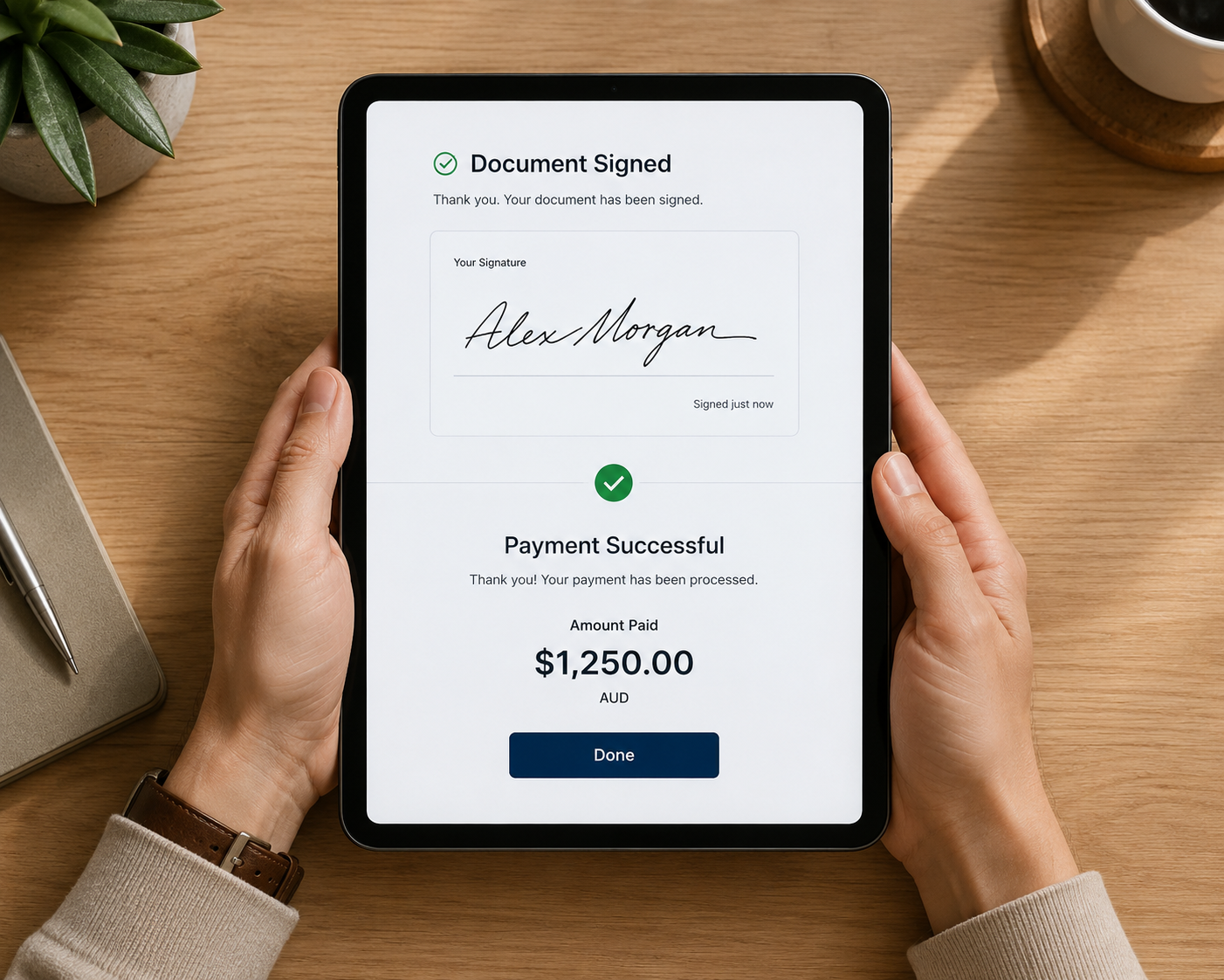 Client hands holding tablet showing document signed and payment successful in one seamless flow