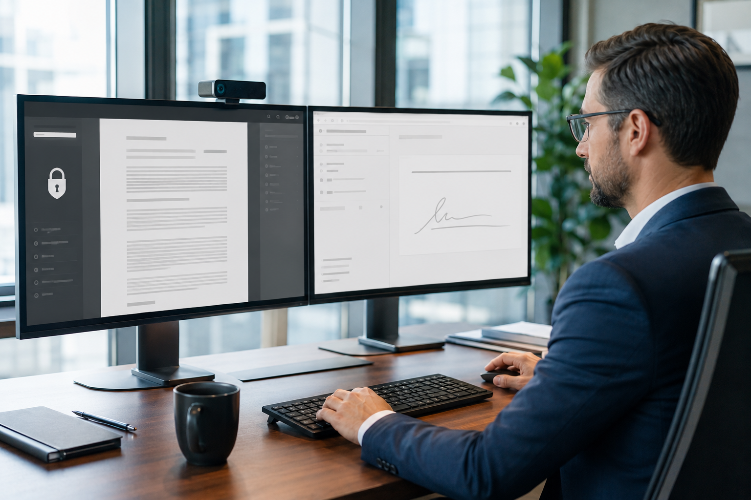 Professional using two monitors showing a protected document alongside a separate signature workflow
