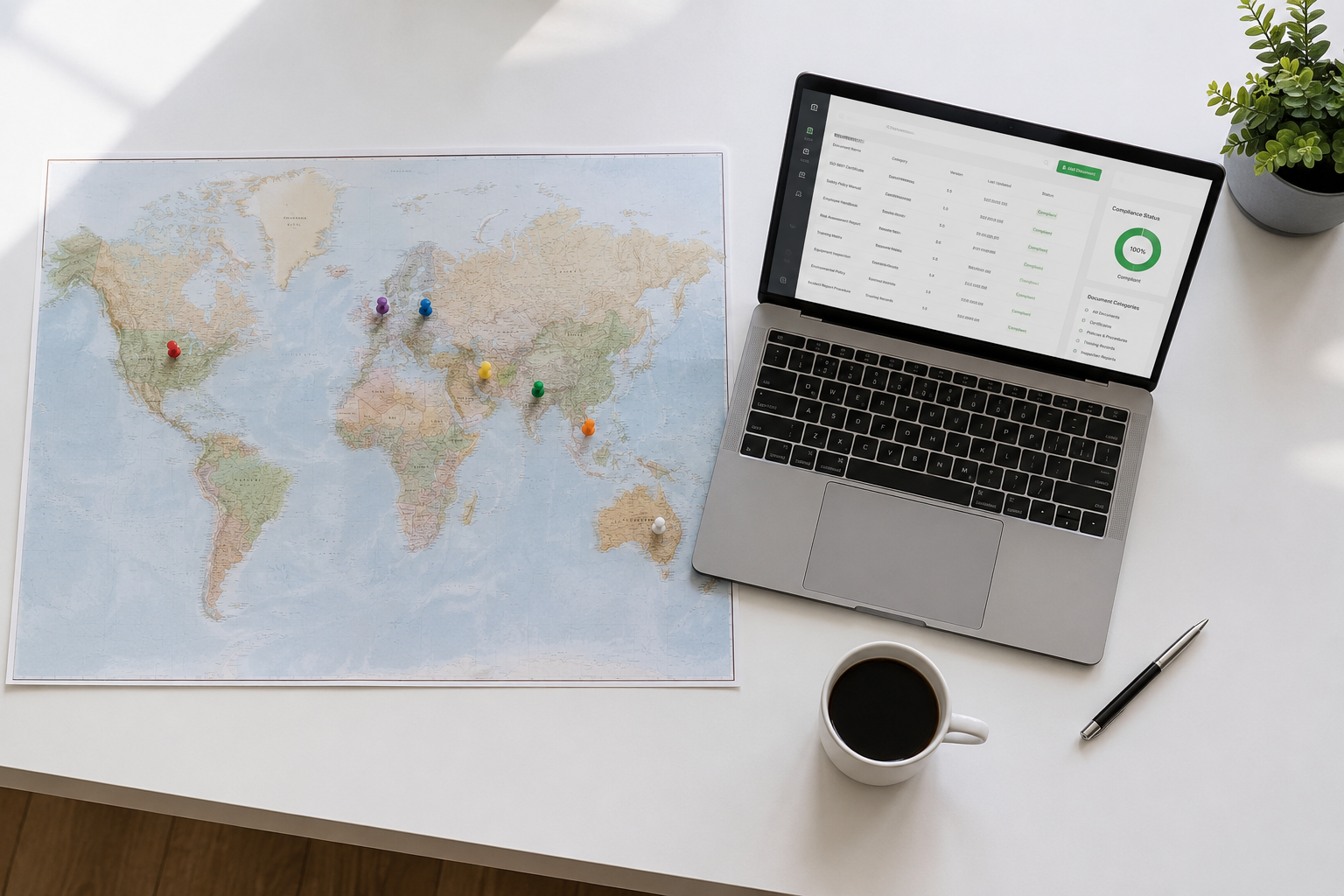 World map with jurisdiction pins and compliance dashboard showing document governance status across global regions