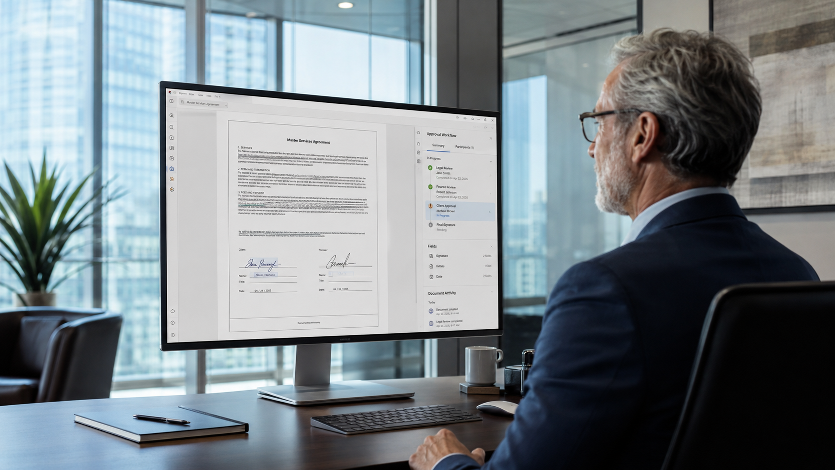 Business professional reviewing a digital agreement and approval workflow on a large monitor in a modern office