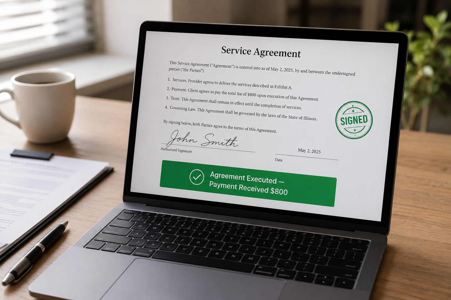 Laptop displaying a completed Service Agreement with John Smith signature, Signed stamp, and Agreement Executed - Payment Received $800 confirmation banner