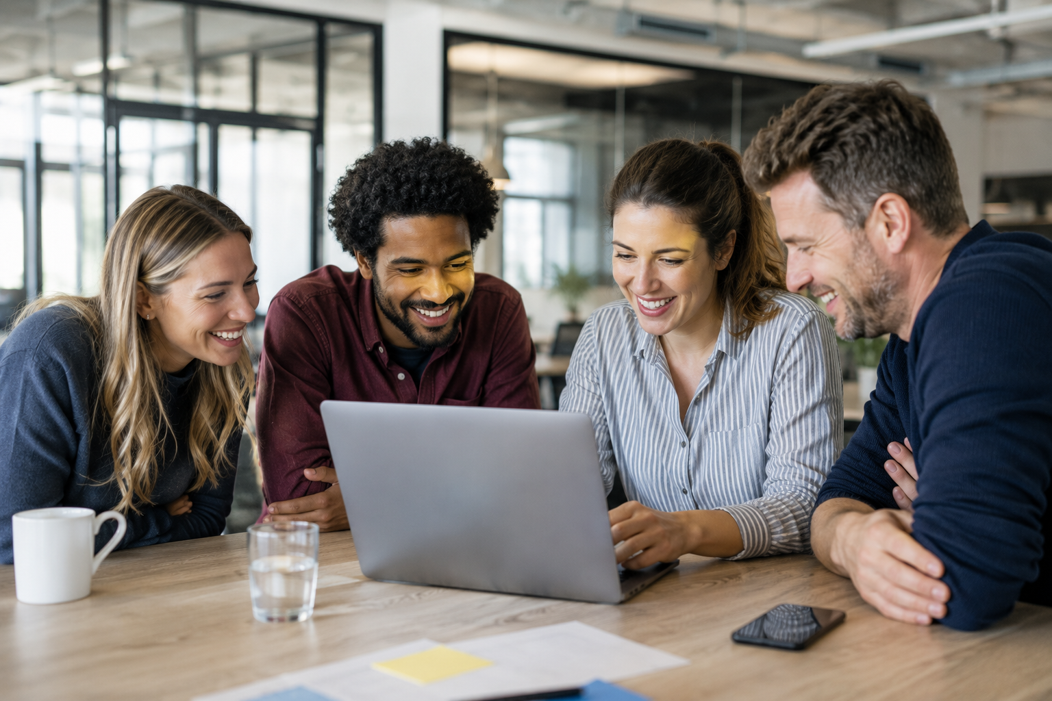 Team of four professionals gathered around a laptop in a modern office, collaborating on document workflows