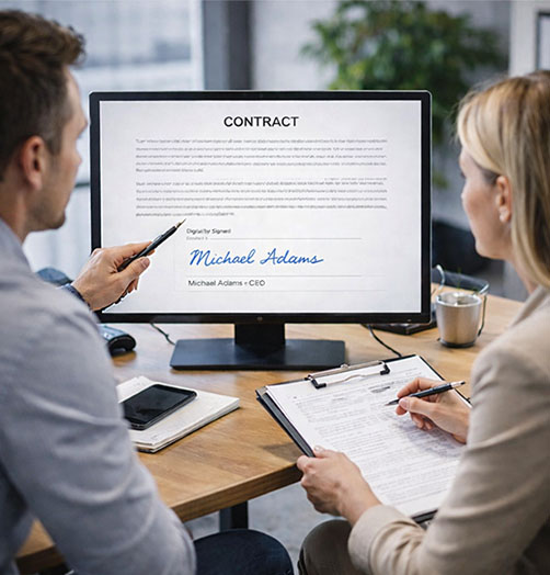 Two professionals reviewing a signed contract with digital signature on screen