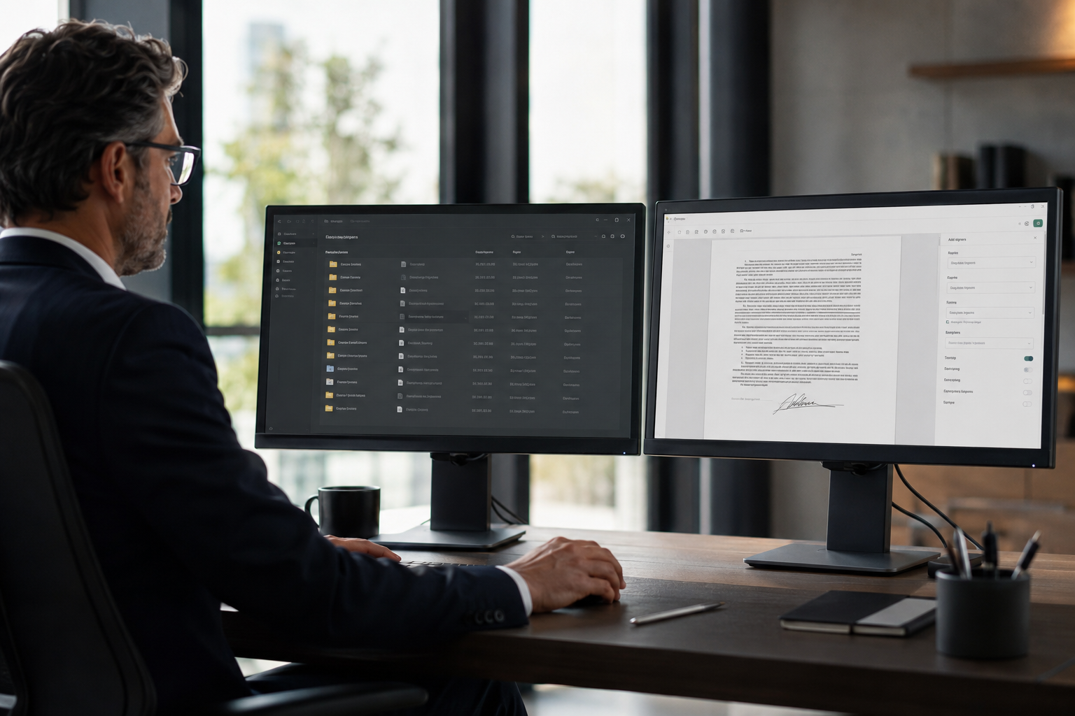 Professional reviewing a secure document library and signature workflow across two monitors