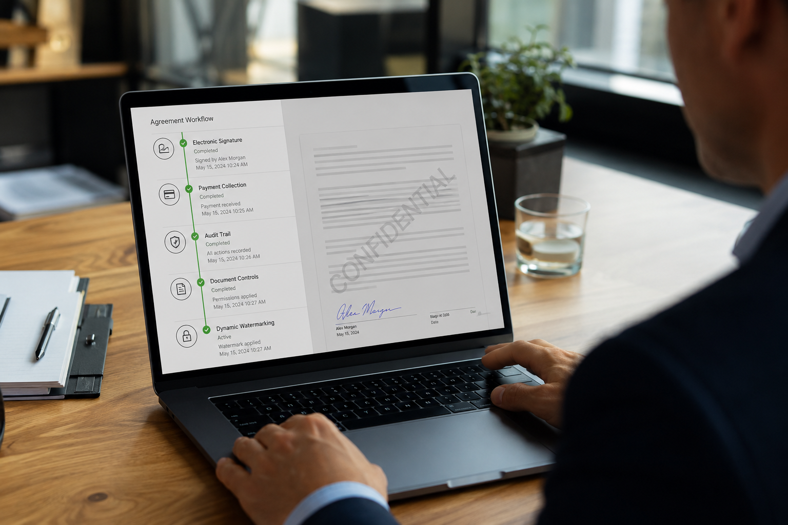 Laptop showing an agreement workflow with electronic signature, payment collection, audit trail, document controls and dynamic watermarking steps
