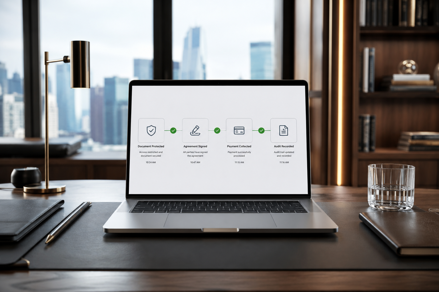 DociShield governed workflow showing Document Protected, Agreement Signed, Payment Collected and Audit Recorded steps on a laptop screen