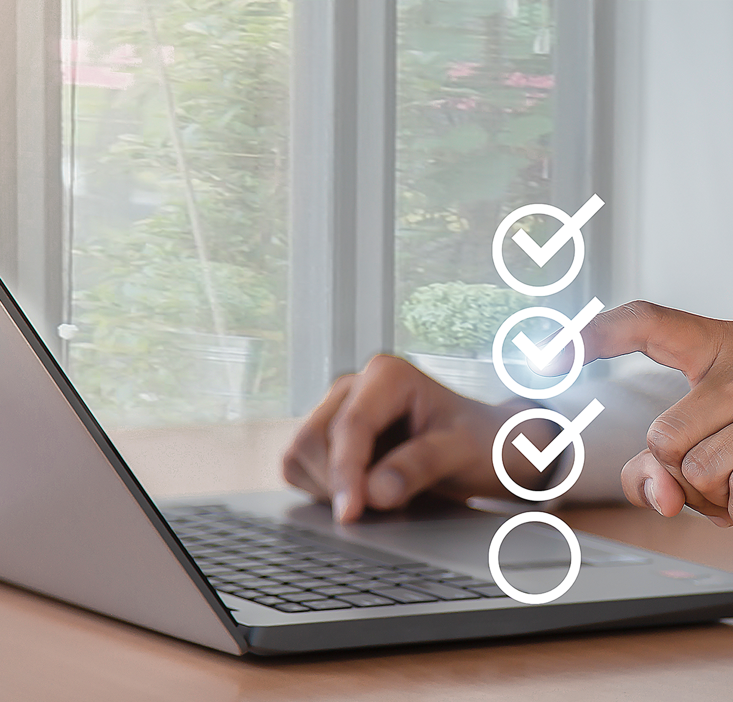 Professional completing a digital compliance checklist on a laptop representing governed document control