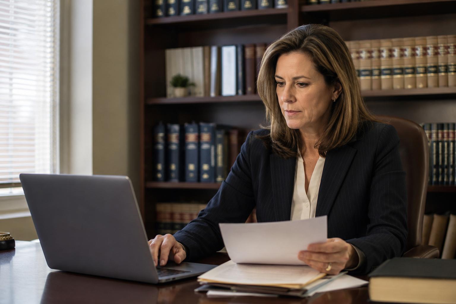 Legal professional reviewing compliance documents at a desk with regulatory reference materials