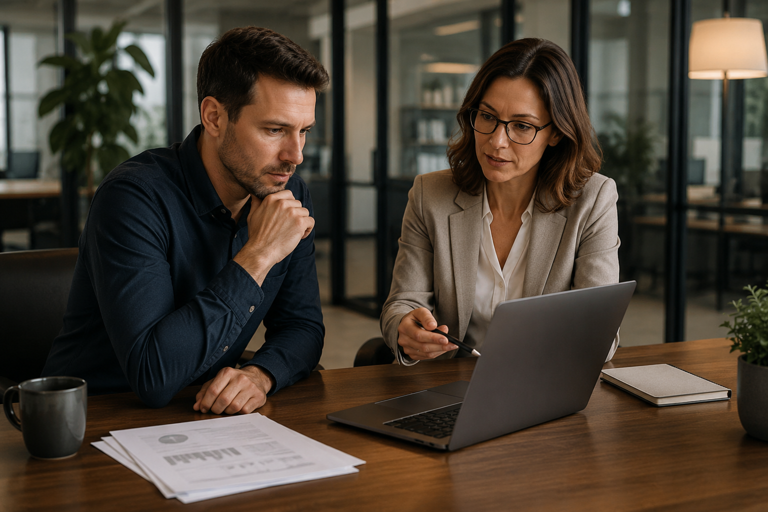 Two business professionals reviewing software options together in a modern office